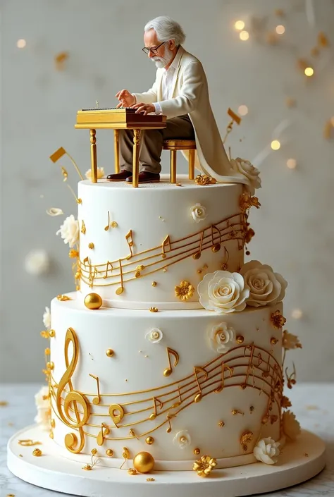 3 tier white and gold cake with lots of details of gold musical notes, instruments like a keyboard and sheet music and an old man with his keyboard on top. 