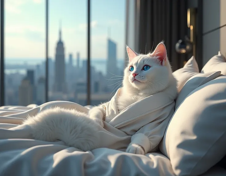  Create an image of the blue-eyed white billionaire cat waking up in his luxurious king-size bed,  with silk sheets and fluffy pillows .  Hes lounging with a relaxed and tranquil expression , ready to start the day. The room is modern,  with panoramic city...