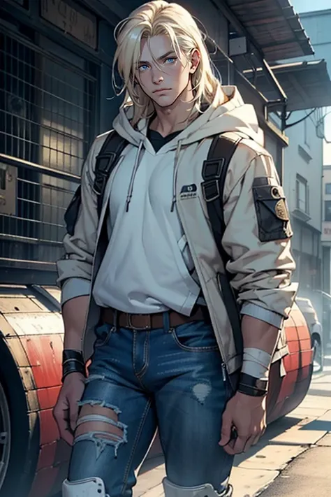 ((masterpiece)), (((best quality))), solo, 1 male, apocalyptic world, pale white skin, (platinum blonde hair), ((shoulder-length hair)), ((straight loose hair)), completely straight hair, side part, handsome young man, blue eyes, lean, tall, (thick thighs)...