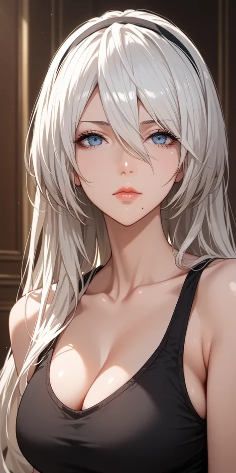 Score_9, Score_8_up, Score_7_up, Source_anime, anime art, anime style, very aesthetic, masterpiece, high quality, 1girl, badass mature woman, milf, curvaceous, mole under mouth, black tank top, white hair, long hair, hair between eyes, expressionless, 2b, ...