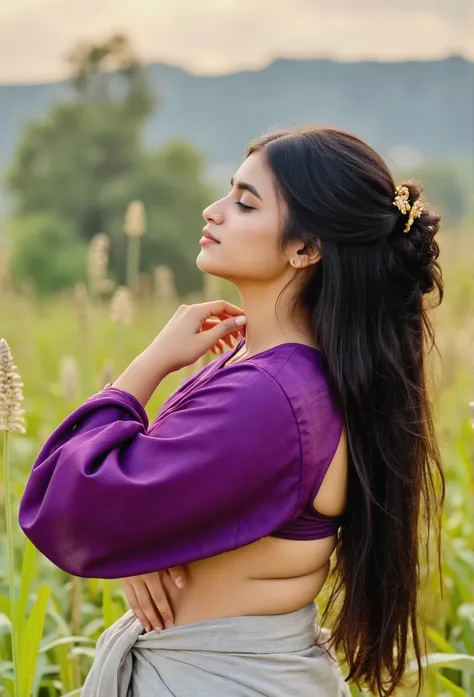 1 girl, strong girl, long hair styled in an elegant updo, wearing nothing full nude . Exposed midriff and visible navel, highlighting her toned waist and curvy figure. Detailed, smooth skin with a natural glow, expressive and perfectly shaped eyes, small b...