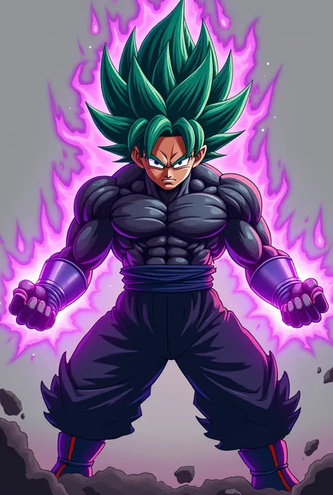 goku, ssj4, dark fur, purple eyes , flat colored ,  green hair, Energy in their fists, purple aura, 