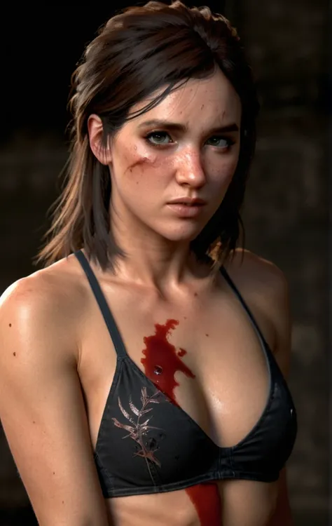 photo of ohxw, ellie, tattoo on left arm, woman, black jeans, close up, , long length hair, face details, low key lighting, blood on her face. Sexy face
Bikini