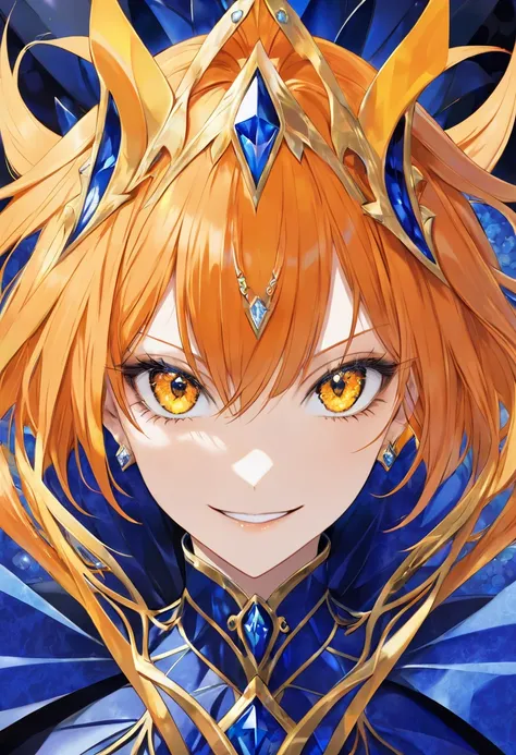  cool adult woman 、 short orange hair with yellow eyes、 blue gothic dress 、diffuse diamond background 、Bold Pose、Fearless smile、Superb、( face close-up)