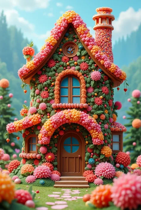 A fantasy two-story house made of bouquets of sweets