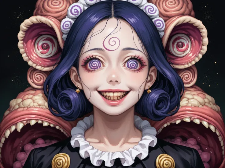 masterpiece, best quality, 1girl, portrait, black and white illustration, manga style, Junji Ito inspired, extremely detailed eyes, hollow sunken cheeks, wide distorted smile, twisted body horror, (spiral patterns:1.2), (grotesque tendrils:1.2), (pale skin...