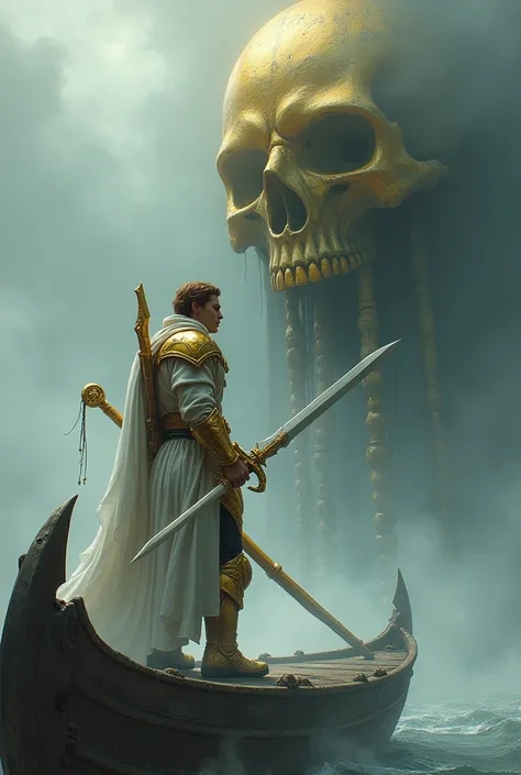 paladin,high,muscular, brown hair,white sword with the golden handle , white and gold armor , on a ghost ship in the misty sea , fighting against a giant golden skull 