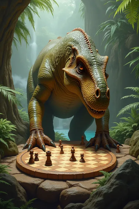 A Dinousaur playing checkers