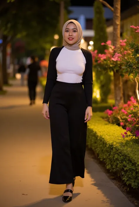 A beautiful Indonesian woman, wearing a tight longsleeve t-shirt, and wearin long coulotte pants, wearing a chiffon hijab, and wearing flat shoes, walking on the sidewalk at night. under garden lights, decorated with colorful flowers. lower wide angle shot...