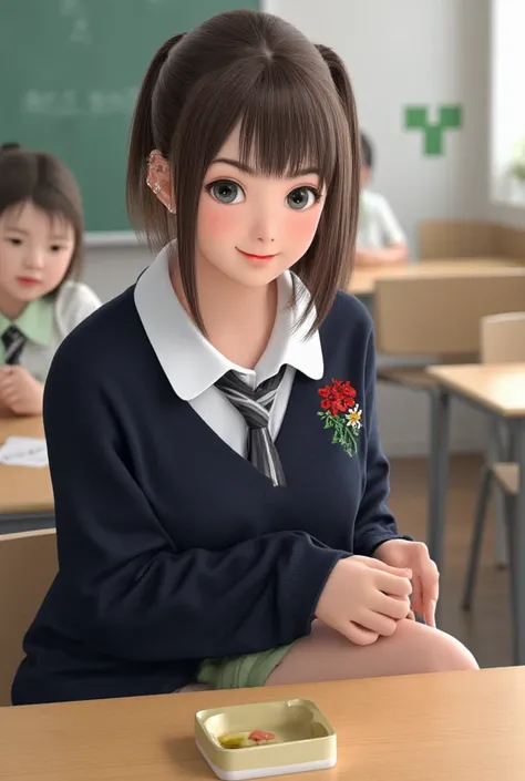  realistic pictures,  short haired ponytail tied on one side,  Korean idol singer IU wears a school uniform、Sitting with legs crossed at a desk in a school classroom 、Smiling。, Bento box on desk 