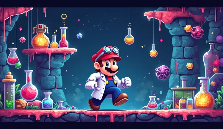  Generate a Super Mario-style game entry , No puppets in the scene .  Do something that refers to chemistry and periodic table. 