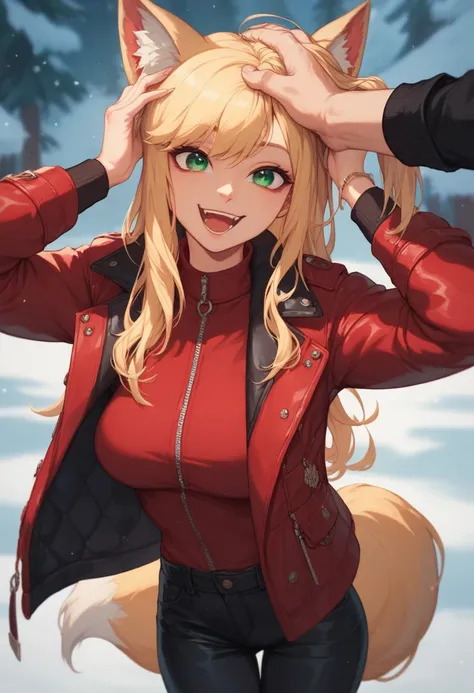 girl, 19 years old, fox ears, fox tail , long hair, green  eyes, very dark big circles under eyes, dark circles under eyes, blonde hair , stylish leather red red jacket with a red fur  red collar,  black trousers, funny Happy, head pat headpat, winter park...