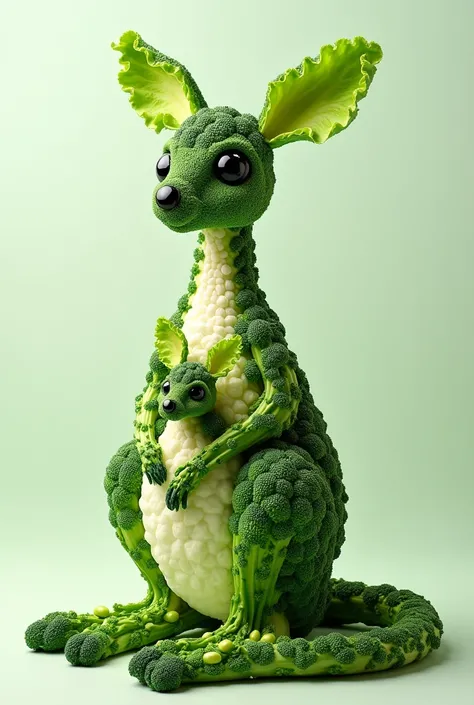 "Create a creative and artistic representation of a kangaroo made entirely out of vegetables. The kangaroos head should be crafted from broccoli, with ears made from lettuce leaves and broccoli florets for added detail. The eyes should be large, round, and...