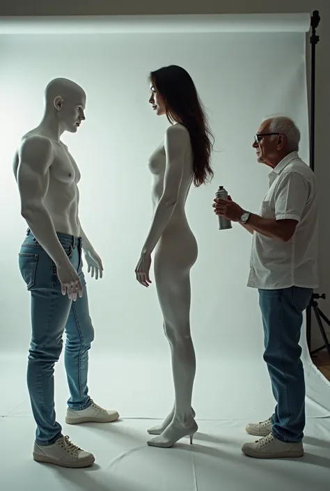  A beautiful long-haired latina woman standing perpendicular with a blank stare is painting her body to resemble the pale color of a mannequin, an old man is painting the womans body with a spray in a bright photo studio 