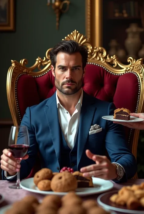 The image depicts actor Henry Cavil, of Italian descent, sitting in an ornate wooden chair with intricate carvings and burgundy upholstery. He has a sophisticated and elegant appearance, highlighted by his confident posture. He has the physique of a bodybu...