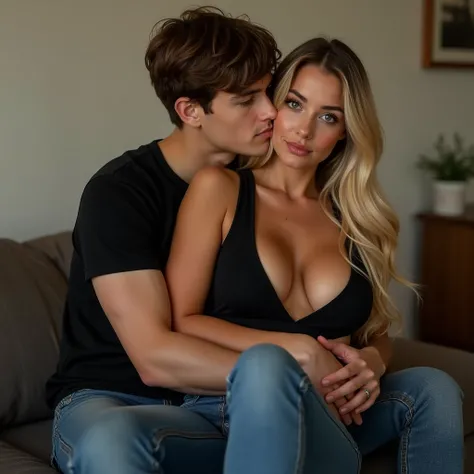 Realistic. Real life. Two people. Photoshoot at the living room. Jonah, in the black t-shirt and jeans, is embracing her cousin, Jessica, who is wearing the black cleavage tank top and jeans. Jonah have teenage figure look while Jessica seems older than Jo...