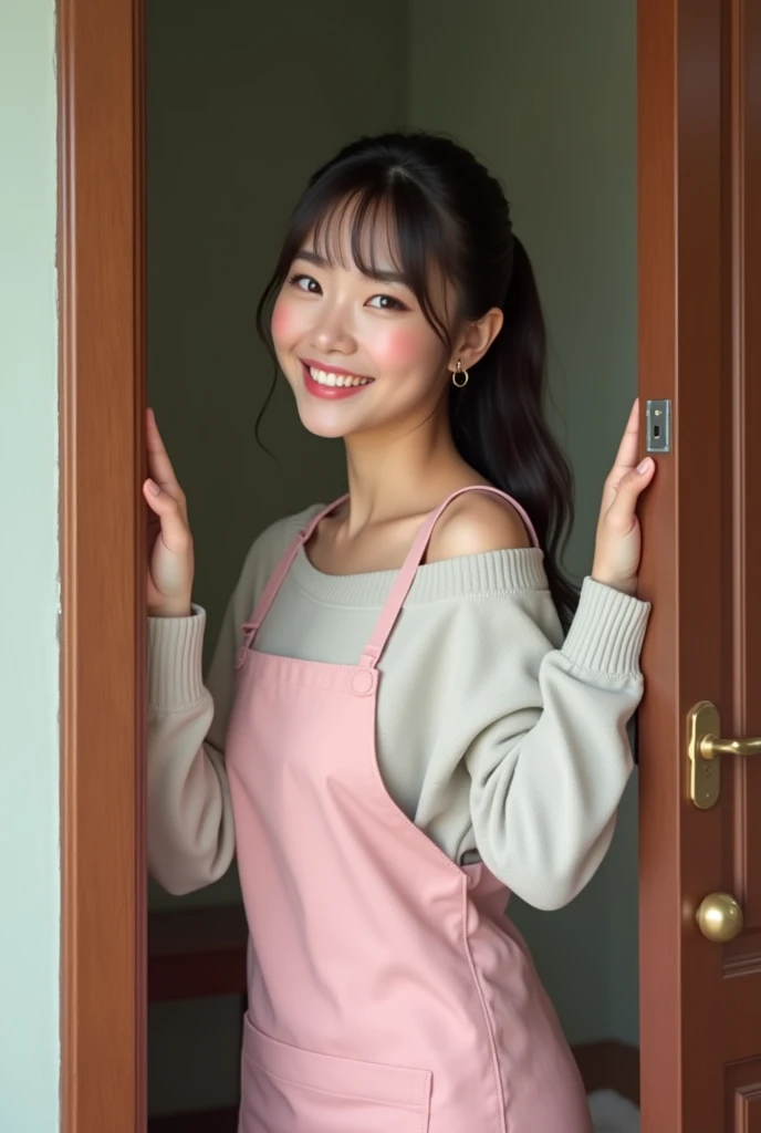 Korean woman, 30 years old, resemble kim jiwon, realistic face, high definition, super realistic, housewife, off shoulder shirt, pink apron, slippers, full body, happy face, hands beetween the door, blushing cheeks, ponytail, bangs, waiting in the front do...