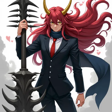 chico,anime,young,man,long deep red hair, yellow eyes and golden horns , dressed in a black suit, wearing a red tie ,long dark blue scarf ,brandishing a huge mass of barbed iron, 