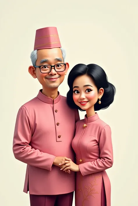 Make me a caricature picture of a couple with the following characteristics:

Male Description:
around 55 years old, round face, pot belly, short stature, glasses, short white curly hair, wearing traditional pink Malay clothes, wearing a tanjak on his head...