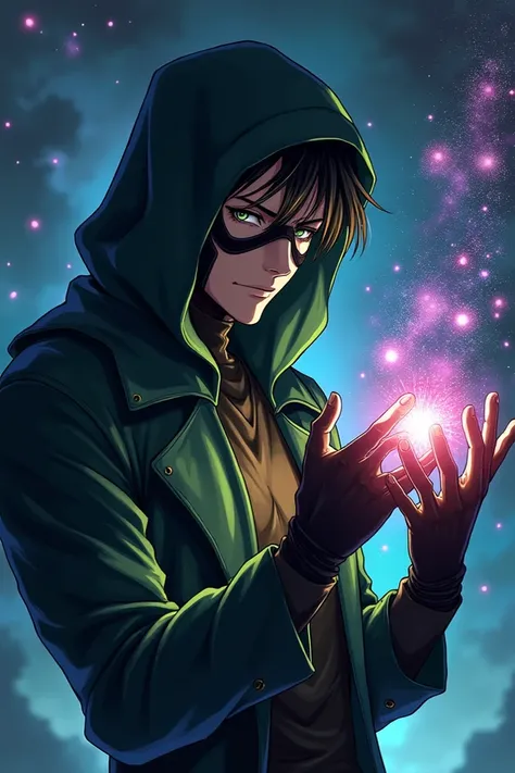 Male character with a hood and black mask ,  with black hair and green highlights holding a galaxy with his hand while posing epically
