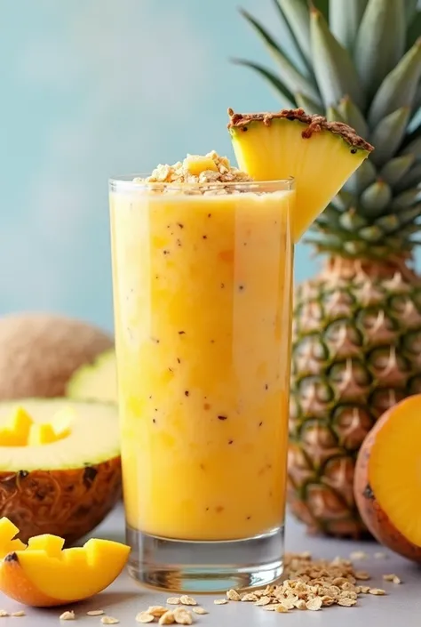 34.  Oatmeal Smoothie with Mango and Pineapple
A tropical smoothie that combines oats with ripe mango,  pieces of fresh pineapple and a touch of coconut milk .  Ideal for breakfast or snack , it offers energy and freshness .  Finish with pieces of mango an...