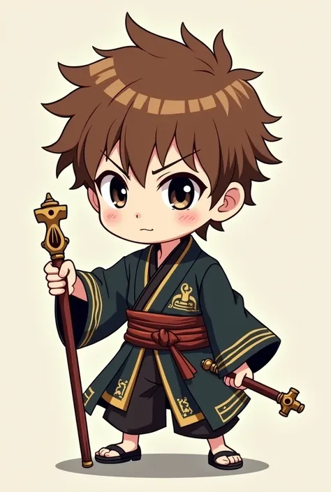 Create an 18-year-old chibi boy with brown hair and who is tied ,  also that his eyes will be black and who wears Japanese exorcist clothes and who has an exorcists cane in his right hand.  and whose drawing style is in 2D anime .