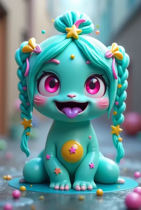 Appearance: she is a turquoise colored slime, complete with slime drips. Her body resembles a female humanoid body. she has turquoise hair with pink highlights and yellow star hair hairpine - the yellow accents and star themes are repeated throughout her c...