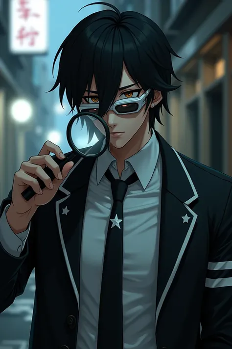 Curious Shinichi Sakurai wearing a white shirt and black jacket with two white stripes on each sleeve of his hands and white swimming goggles with black visors hanging around his neck and a black tie with a white star in the middle and a large magnifying g...