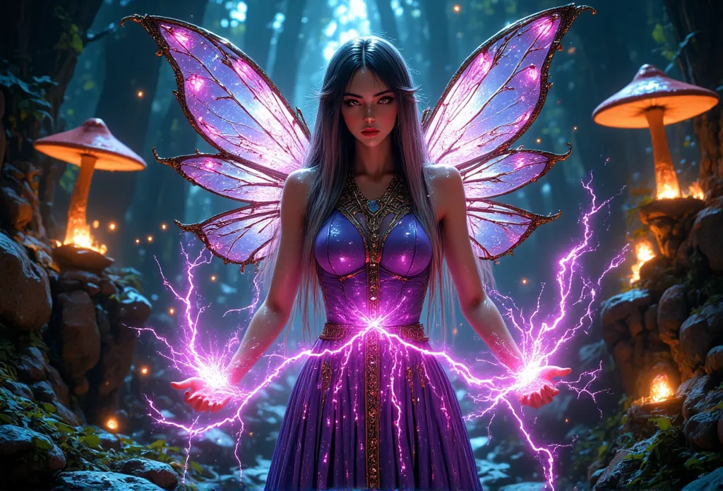 cinematic shot of a beautiful magical fairy, beautiful face details and long hair, casting colorful magical glowing spells with ...