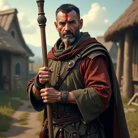 best quality,4K,8k, highres icon,masterpiece:1.2,ultra-detailed,realistic,photorealistic,photo-realistic:1.37,HDR,UHD,studio lighting,ultra-fine painting. Old male warrior, 60 years old,  short black hair,  wearing simple medieval clothing , holding a simp...