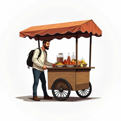  Generate a logo for an association of informal vendors,  important the logo must have a street vending cart with the name of ASOVENSAMPEC, It must have a man in a white sweater pushing the cart ,  not as realistic as a drawing so that it can be embroidere...