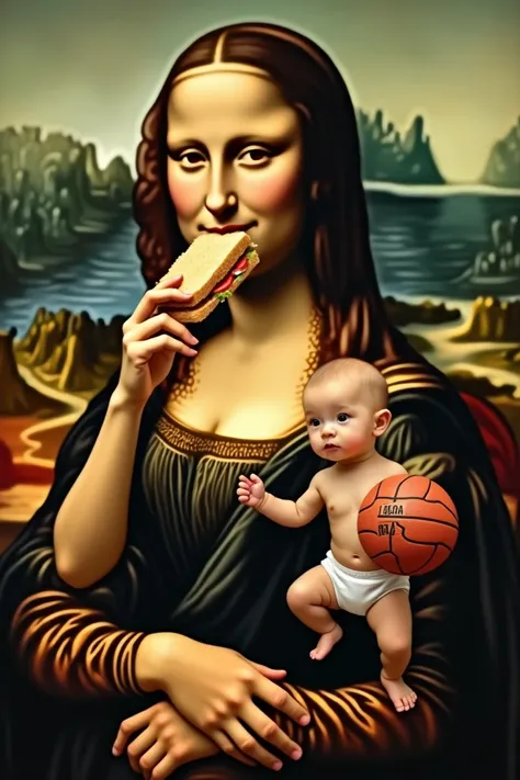 Mona lisa eating an sandwich and an baby playing basketball and football at the same time, one of the balls say "Dylan".