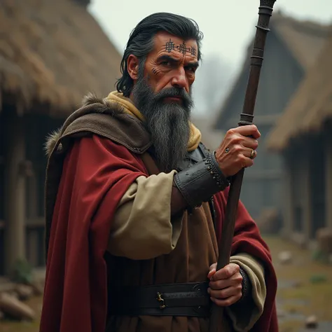 best quality,4K,8k, highres icon,masterpiece:1.2,ultra-detailed,realistic,photorealistic,photo-realistic:1.37,HDR,UHD,studio lighting,ultra-fine painting. Old male warrior, 60 years old,  short black hair,  wearing simple medieval clothing , holding a simp...