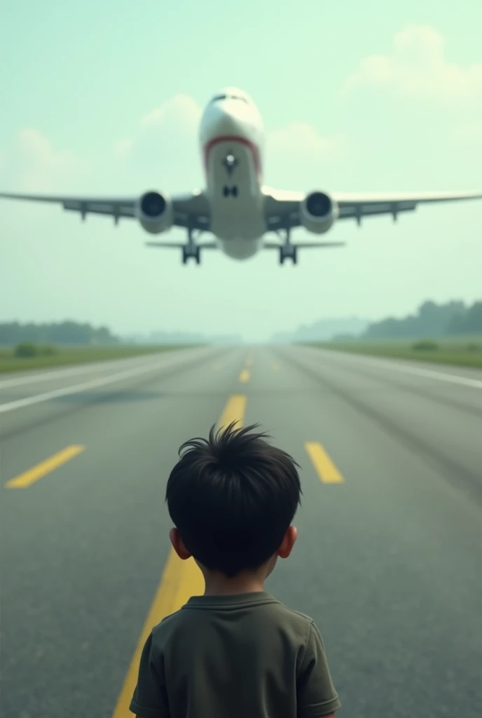 4yers cruelly heir boy, looking at a big aircraft (white body maroon stripe) takeoff, on runaway 