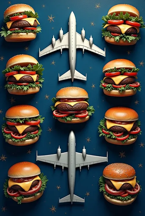 pattern of very detailed drawings of hamburgers and airplanes with a dark blue background and small gold details
