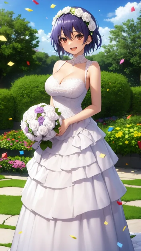 masterpiece, best quality, high quality, girl, solo, looking at viewer, itsuka_shidou, large breasts, wedding Dress, standing, garden, confetti, holding bouquet, smile, open mouth,