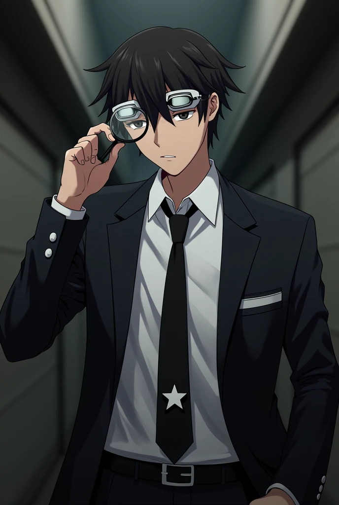 Curious Shinichi Sakurai wearing a white shirt and black jacket with two white stripes on each sleeve of his hands and white swimming goggles with black visors hanging around his neck and a black tie with a white star in the middle and a large magnifying g...