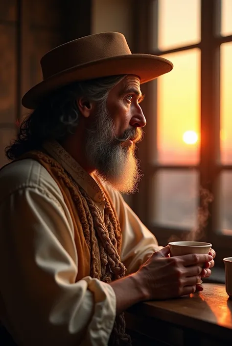 Draw me Leonardo Da Vinci wearing a chefs shirt , But wearing a typical Renaissance-era hat and drinking coffee while reflecting, looking out a window one sunset  