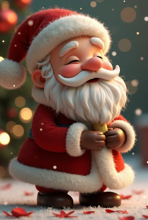 Creating an 3D hyperrealistic AI script for generating copule of a " Santa Forever Love with People",   wavy mullte hair and they hug together with sparkling eyes , character in defining his core attributes: a charming, Wearing nice shoe together , Old mal...