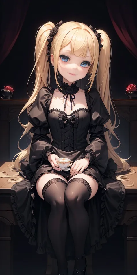 1girl, petite, twin drills, twin tails, blonde hair, long hair, blunt bangs, blue eyes, smile, looking at viewer, goth fashion, gothic architecture, black gothic dress, long sleeves, puffy sleeves, gothic head dress, black pantyhose, black gloves, red rose...