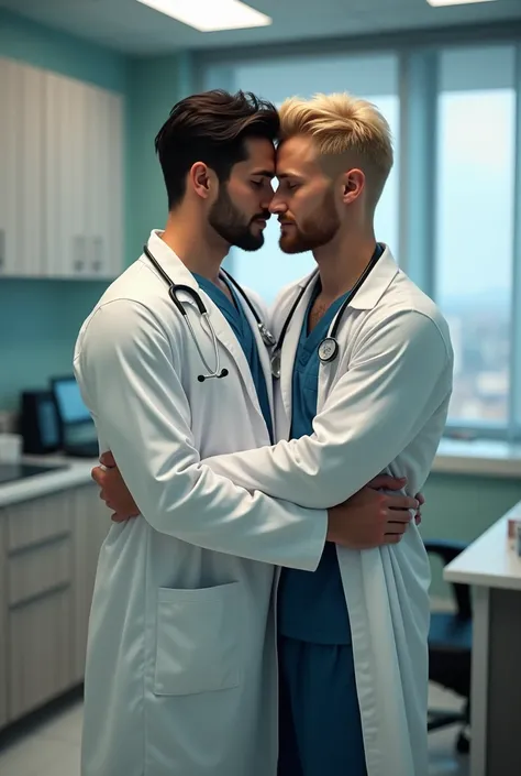 Create a realistic photo, Of a gay couple of two men, A 22-year-old man,  black hair, tall and muscular,  while dressed as sexy doctor  ,  while hugging a 23-year-old blond man , While wearing doctors clothing, in a medical office  