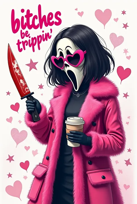 A stylish character wearing a luxurious pink fur coat and heart-shaped sunglasses with dark lenses, holding a large bloody knife in one hand and a disposable coffee cup in the other. The character’s face is covered with the iconic Ghost Face mask from the ...