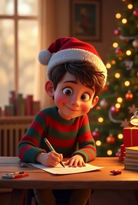 Get Pixar-like, a  boy with brown hair dressed in a red-and-green sleeved shirt with brown pants and a Christmas hat, writing a letter to Santa.   