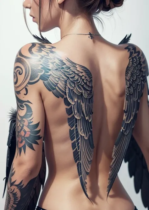 there is a young girl with a tattoo on her arm, angelic wings on her back, wings on her back, feathery wings, large wings on her back, detailed wings, upper body close-up, huge feathery wings, sleeve tattoo on his right arm, Very complex wings!, calm night...