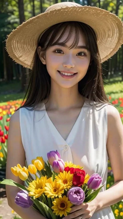 (  best quality ,  Masterpiece :1.3, ultra high resolution with forest background),( super detailed, caustics),(Realistic:1.4,RAW shooting), 1 girl, flat bangs、Looking at the camera and smiling、 blurry background、( colorful 、bouquet), (Vivid saturation),  ...