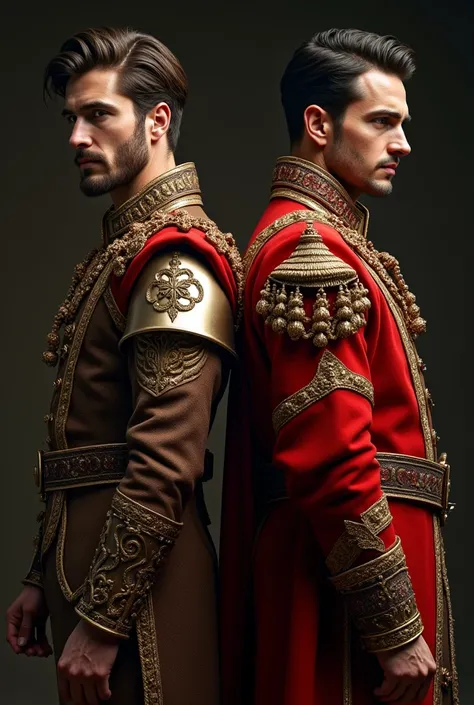  Two men with their backs to each other .  The man on the left wearing the clothes of a prince is very handsome, with a sovereign look ,  on the right side a handsome man ,  wearing the clothes of a Spanish royal guard , with a serious face . high resoluti...