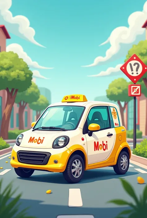  Create a drawing of a white Mobi car with yellow sides and written driving school with a background that represents a school for teaching how to drive, The company name is Shecknáh  , a car from the MobI brand