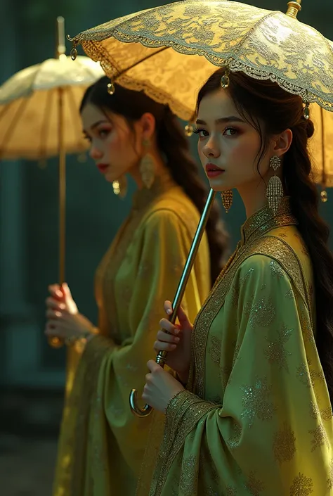 Monarch vampires wearing amber-green clothes holding umbrella protecting themselves from the sun