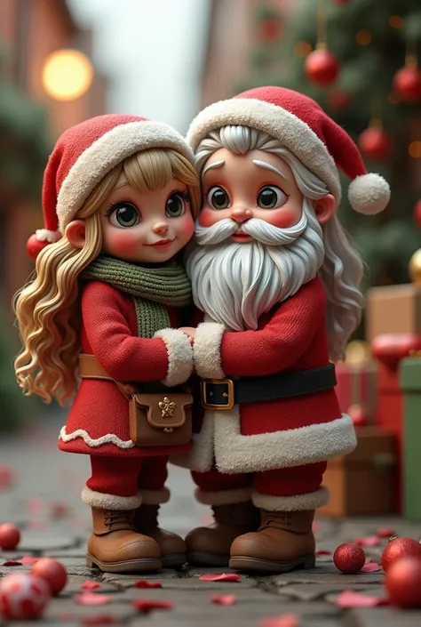 Creating an 3D hyperrealistic AI script for generating copule of a " Santa Forever Love with People",   wavy mullte hair and they hug together with sparkling eyes , character in defining his core attributes: a charming, Wearing nice shoe together , Old mal...