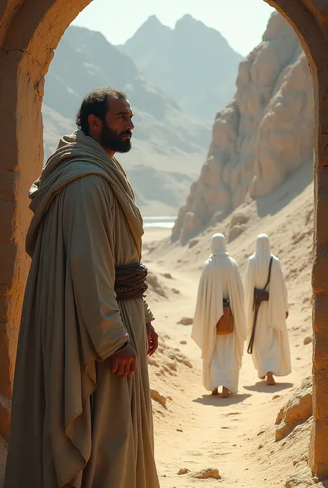 A Bedouin in a gray robe at the doors of his tent sees three men in white robes coming down some mountains 